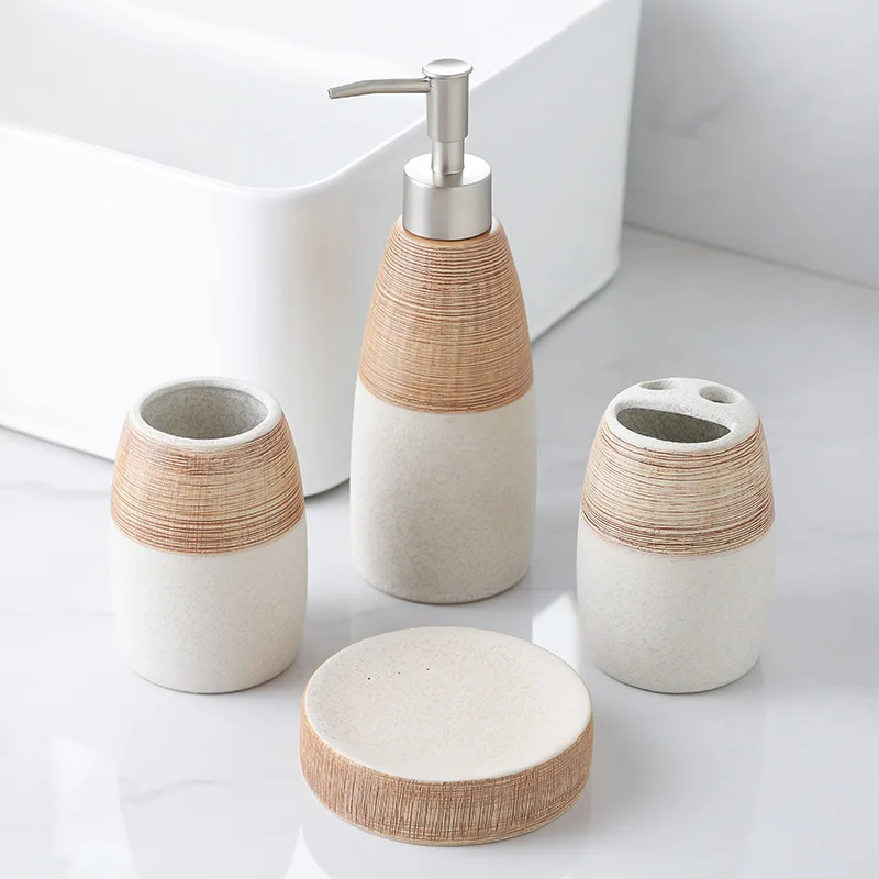 Household wash kit sub-bottle wood tattoo white background bathroom lotion bottle soap dish ceramic bathroom four-piece set