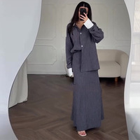 Fashion New Autumn Winter Office Lady Women's Single Breasted Long Sleeved Shirt with Hip Wrapping Striped Long Skirt Set