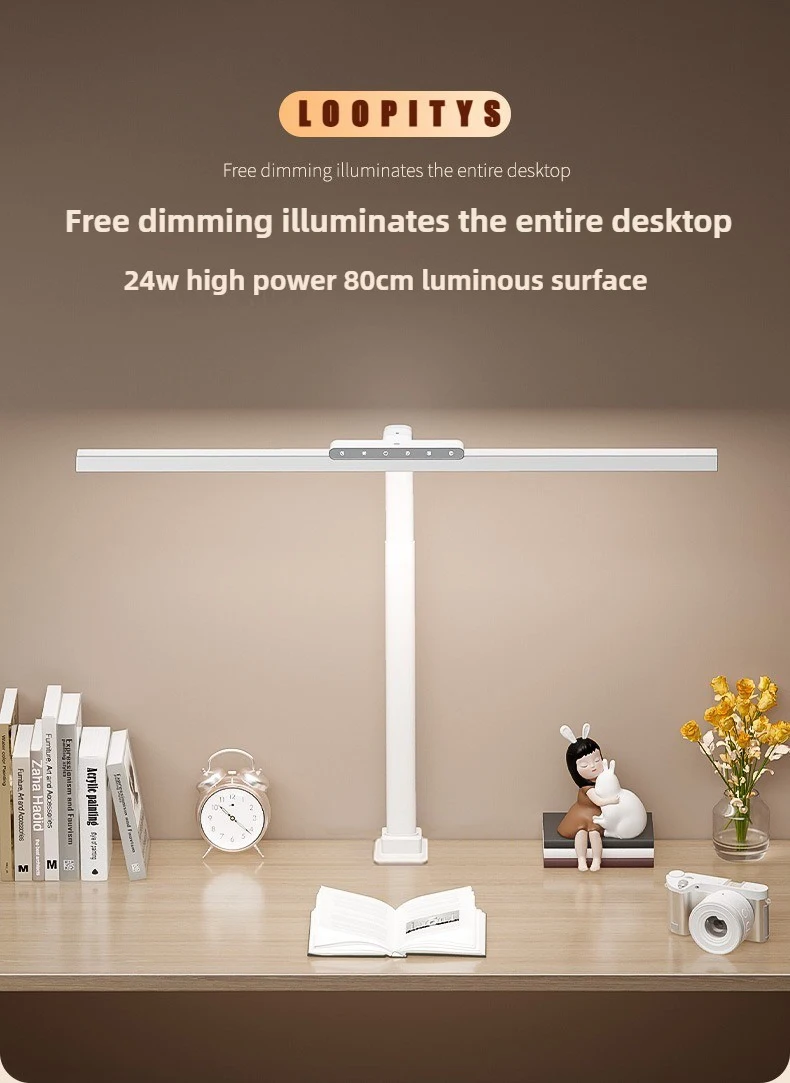 24W LED High Brightness Desk Lamp with Touch Remote Control Eye Protection Long Arm Clip-On for Student Computer Work Lighting