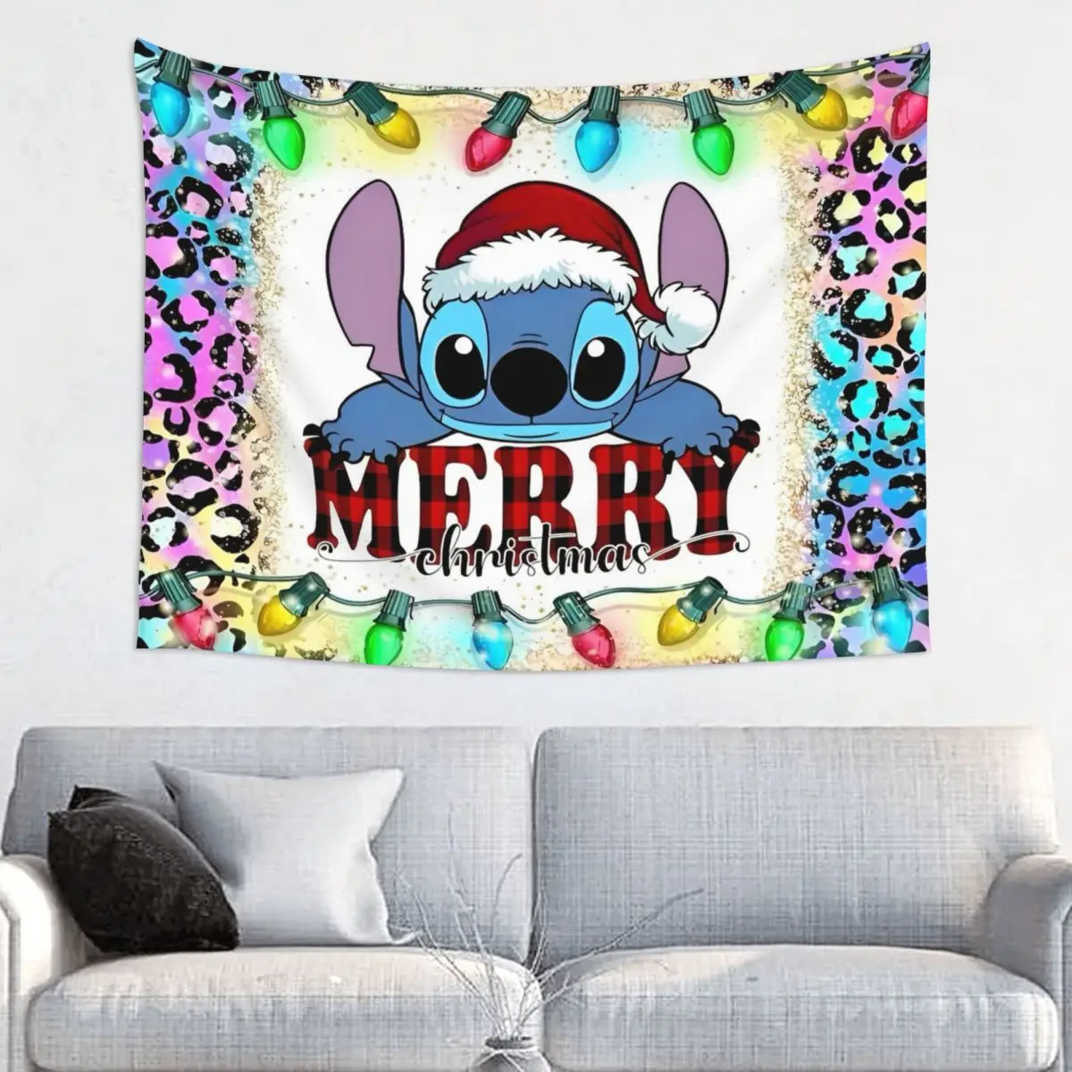 Merry Christmas Stitch & Lilo Tapestry for Dorm Decorative Tapestries Wall Hanging Decor for Room