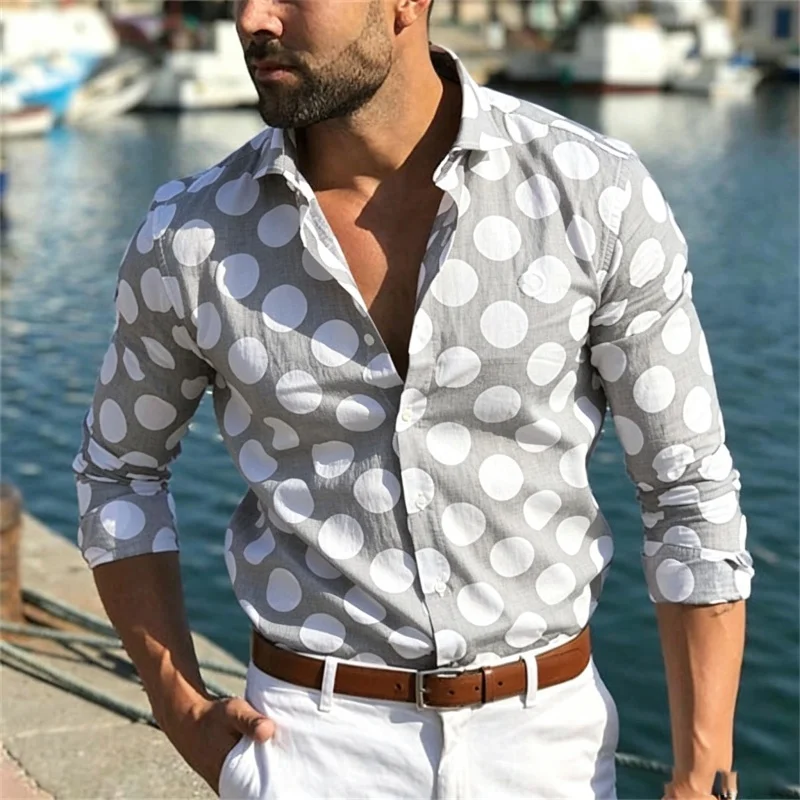 Men's shirt with large polka dot long sleeved shirt, European and American style casual collar, seaside vacation printed shirt