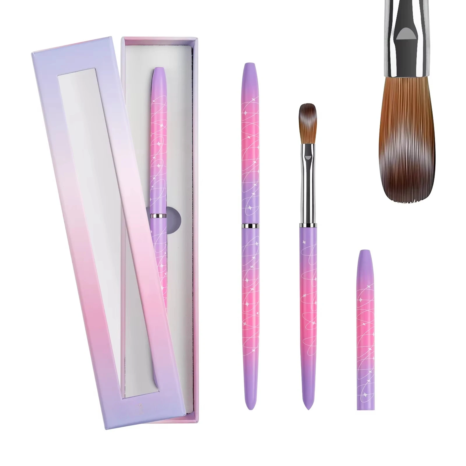 OEM #2-24 Gradient Metal Handle Curved Oval Pink Gel Nail Art Acrylic Brush