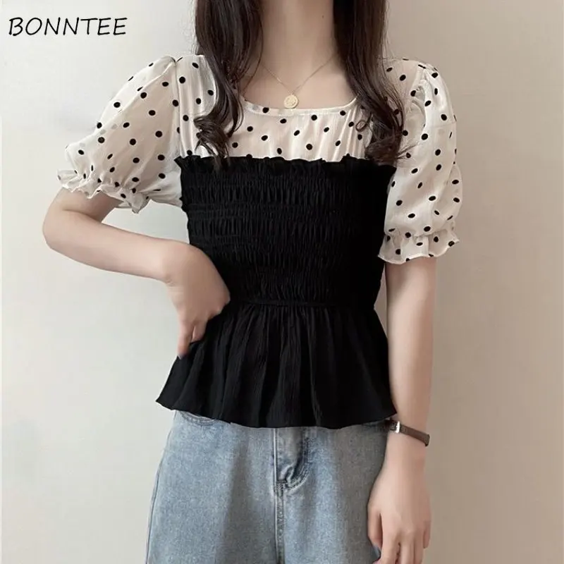 Patchwork Blouses Women French Style Summer Sweet Vintage Slim Crop Tops Puff Sleeve Leisure Aesthetic Tender Designed Feminino