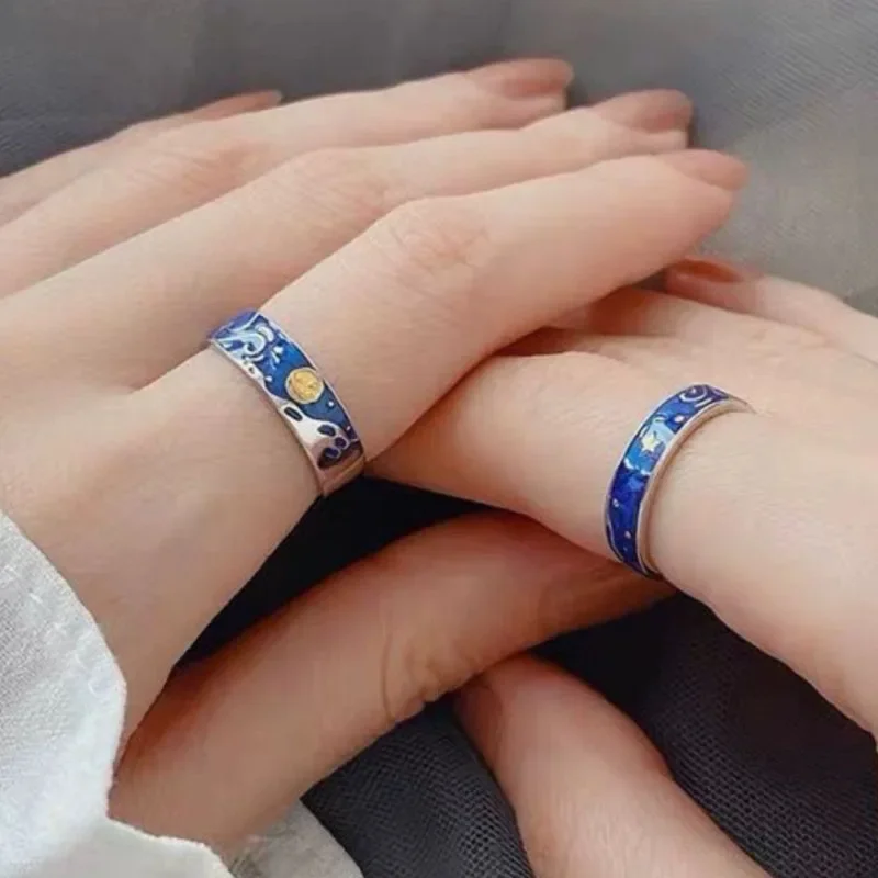 خواتم فان جوخ السماء المرصعة بالنجم ليلاً مفتوحة للرجال والنساء ، تصميم عشاق ، أنيق ، أزرق ، نجوم ، قمر ، خاتم قابل للتعديل ، مجوهرات زوجين ، 1 ، 2 * * #3