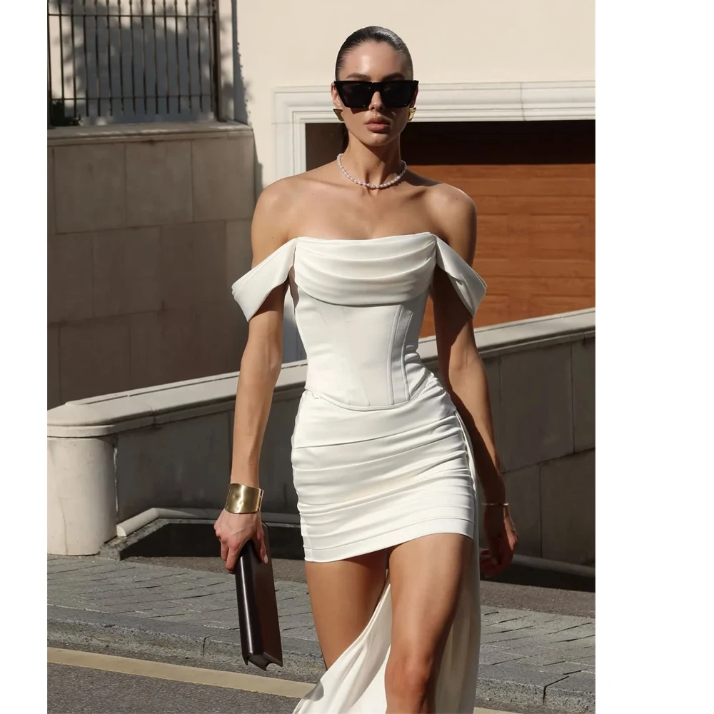 

Bowith 2025 Sexy Satin Mini Wedding Dresses Off the Shoulder Short Bridal Party Gowns Customized Wedding Evening Prom Dresses