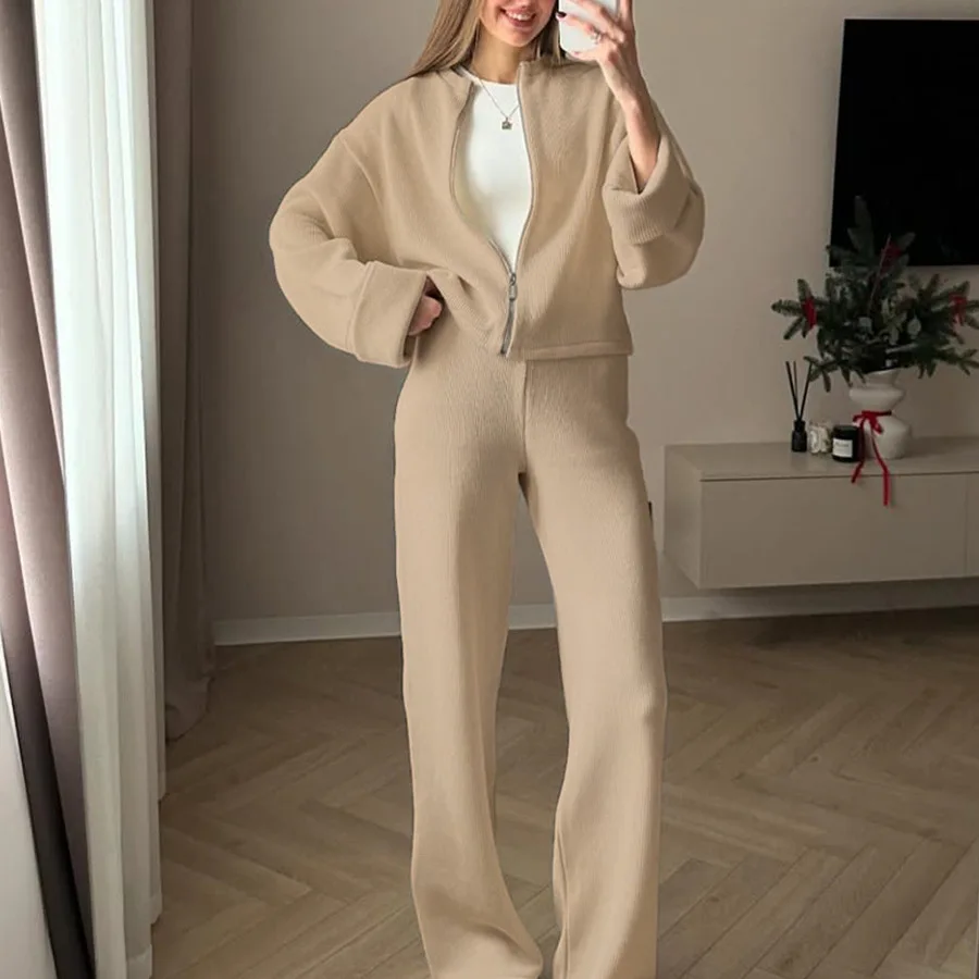 

Осенне-зимний вязаный комплект из куртки и брюк на молнии, широкий повседневный комплект модного женского длинного пальто с высокой талией