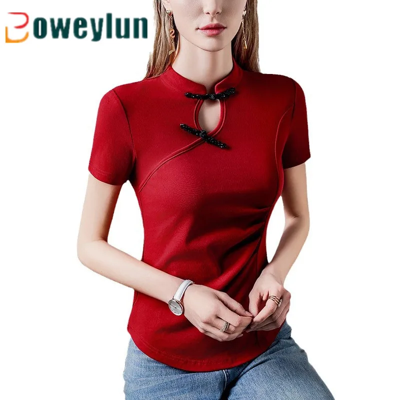 Boweylun New Chinese-Style Stand-Uup Collar Disc Bbutton Cotton T-shirt Short-Ssleeved Hollow Out Solid Women's Tops