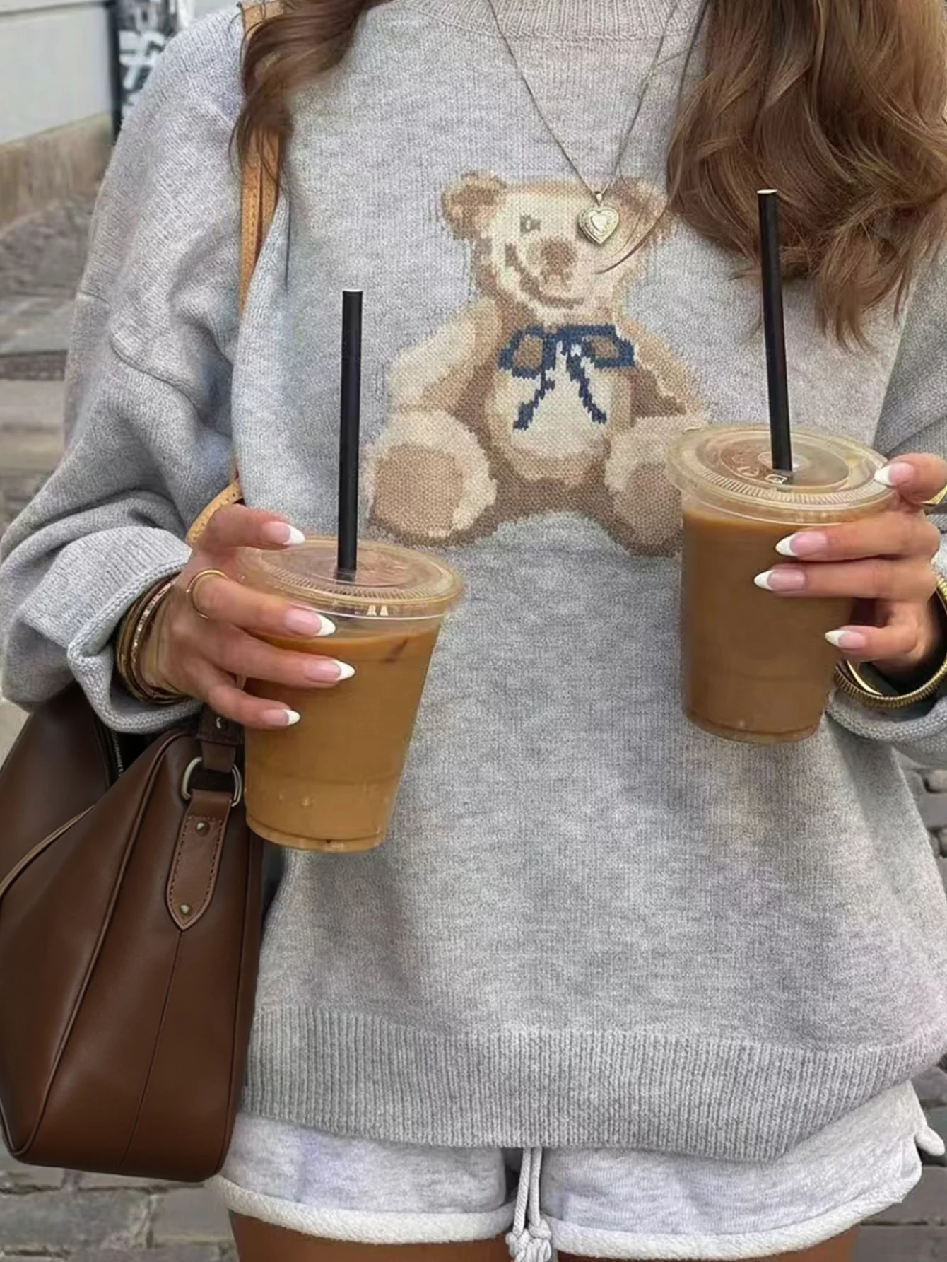 

Милый вязаный свитер с рисунком плюшевого мишки для женщин, повседневный пуловер на осень-зиму, свободный крой в корейском стиле
