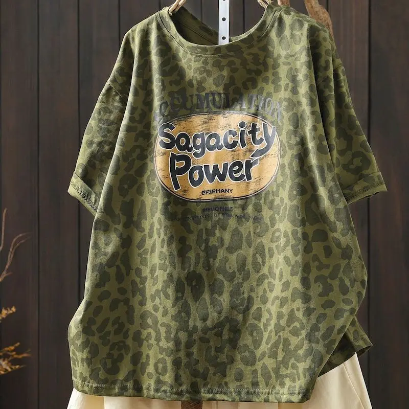 

Cotton T-shirts for Women Fashion Letter and Leopard Print Design T Shirt Casual Loose Short Sleeved Tops Summer Trendy Tees