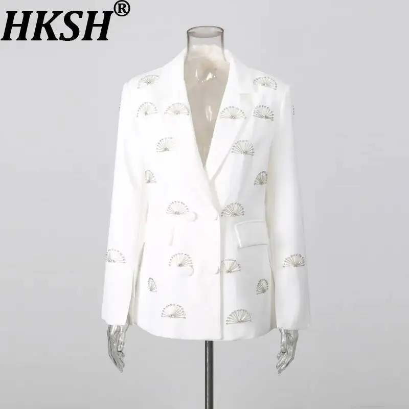 HKSH Women Blazer Fashionable Elegant High-end Slim-fit Heavy Diamonds Jacket Solid Color Double Breasted Chic Suit-Coat HK26105
