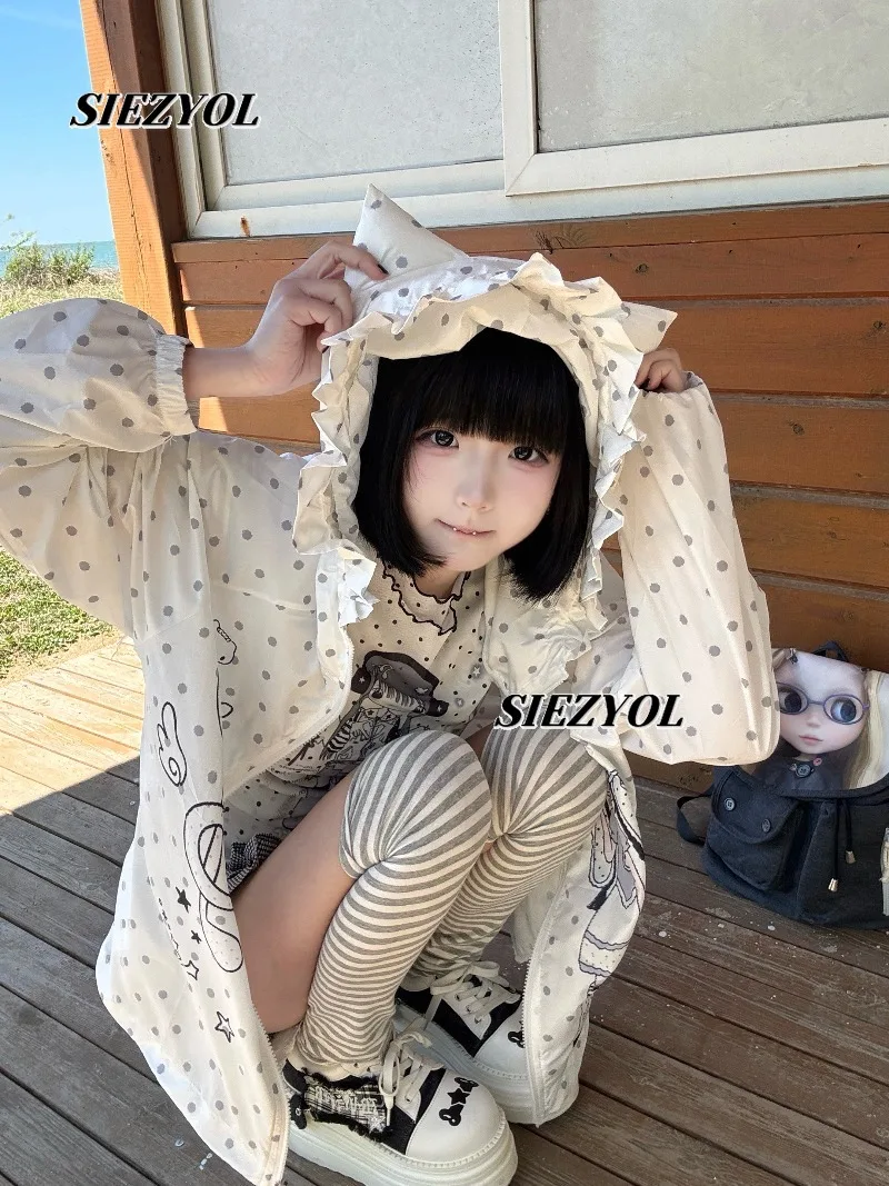 Spring and Summer Original Sweet Cute Girls Polka Dot Hooded Sunscreen Coat Subculture Printed Zipper White Cardigan Jacket