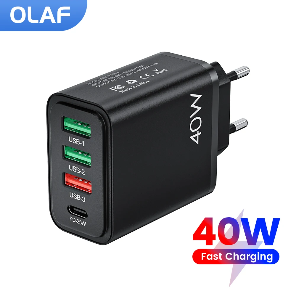 Olaf 40W USB Charger Quick Charge QC 3.0 4 Ports PD Type C Charger Fast Charging Adapter For iPhone 14 13 Xiaomi Samsung Huawei