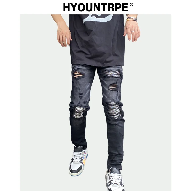 Knee Hole Patckwork Skinny Denim Jeans Men Slim Biker Trousers Jeans Fashion Streetwear Hip Hop Retro Washed Jean Pants Joggers