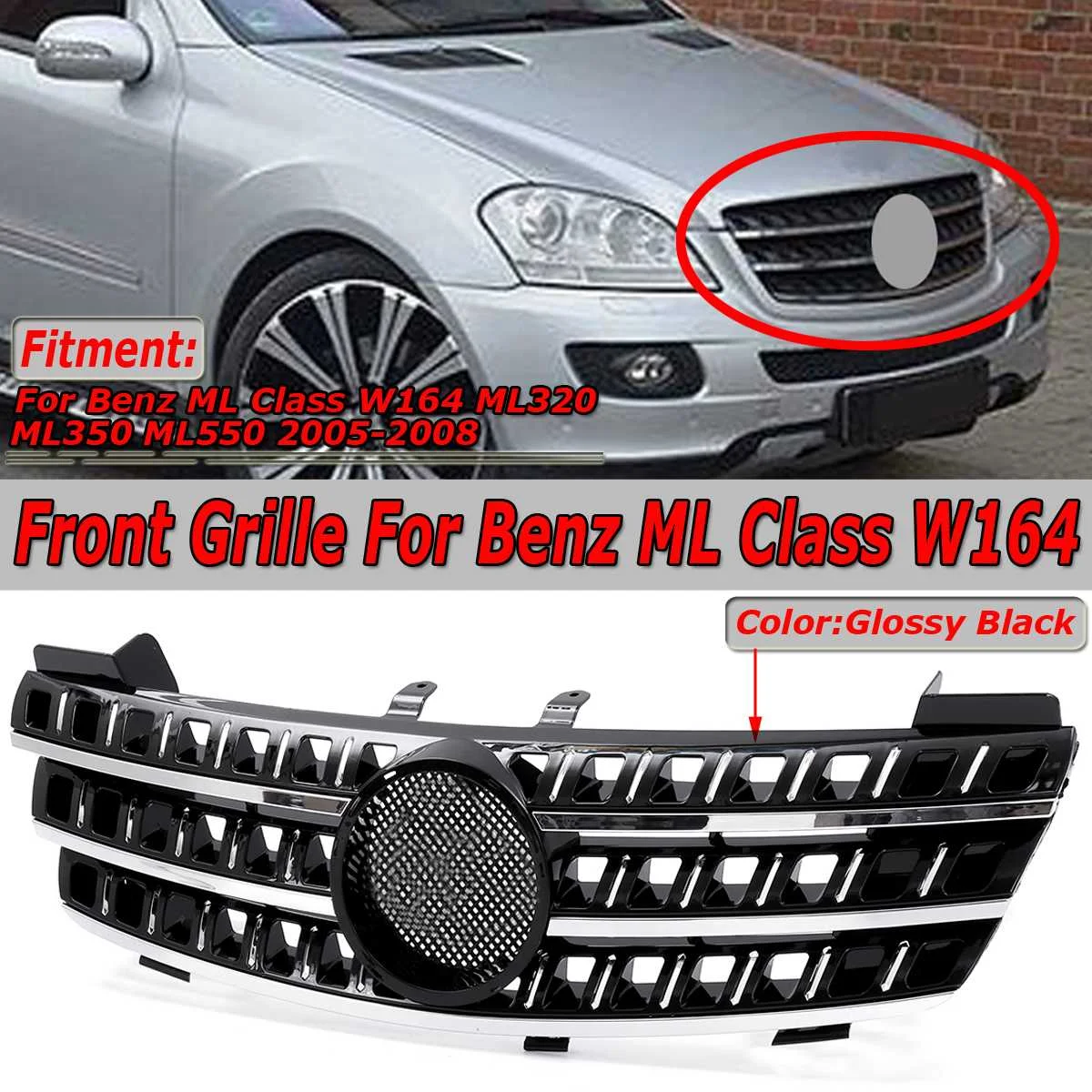 1x Car Front Bumper Mesh Upper Grille Grill Racing Grille For Mercedes For Benz ML Class W164 ML320 ML350 ML550 2005-2008