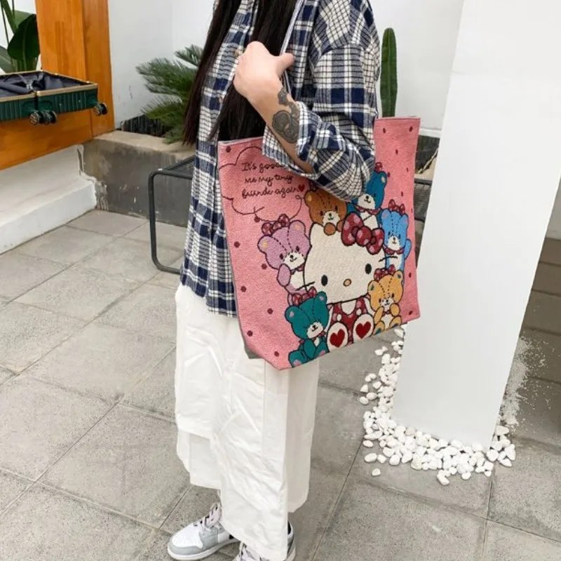 Sanrio-Bolso de mano de Hello Kitty para mujer, bolsa de lona bordada, de gran capacidad, con dibujos animados, de viaje, informal, para regalo