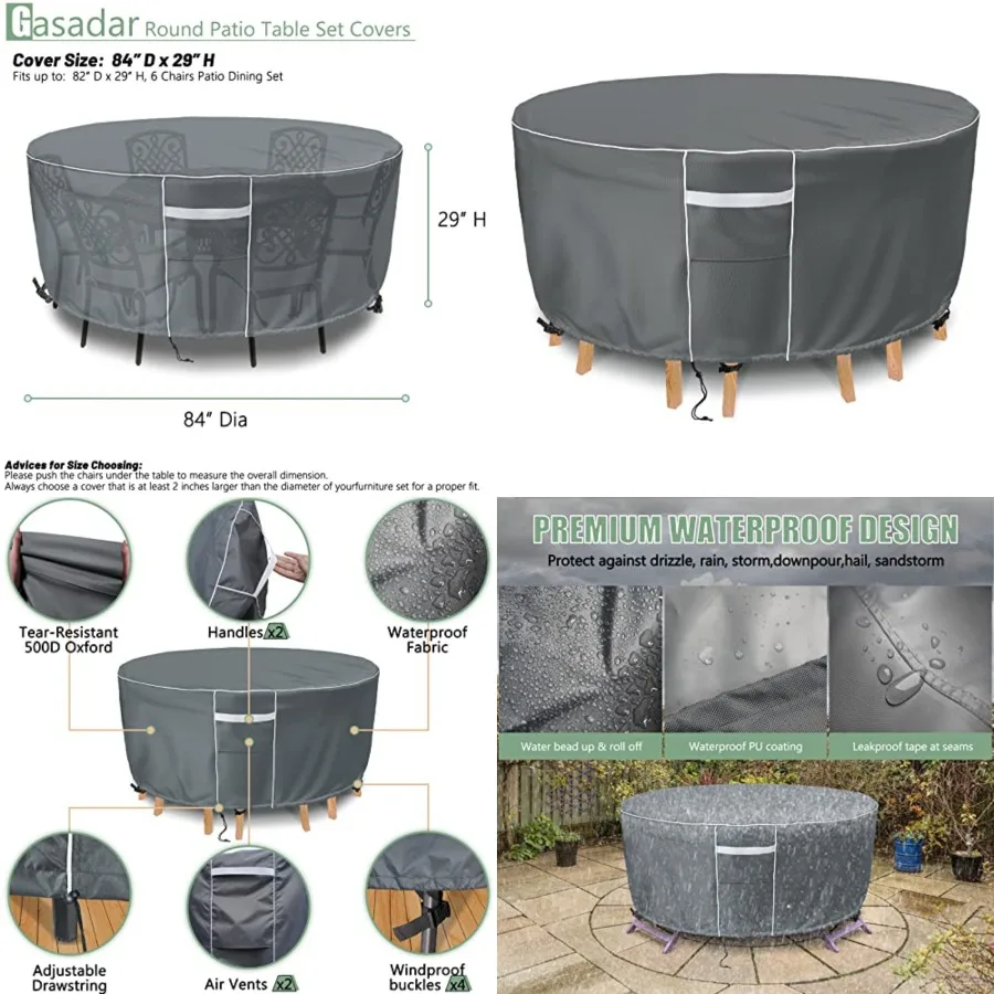 

Round Patio Furniture Covers Waterproof, Round Outdoor Furniture Cover for Patio Table and Chairs Set, Heavy Duty 600D, 84 Dia