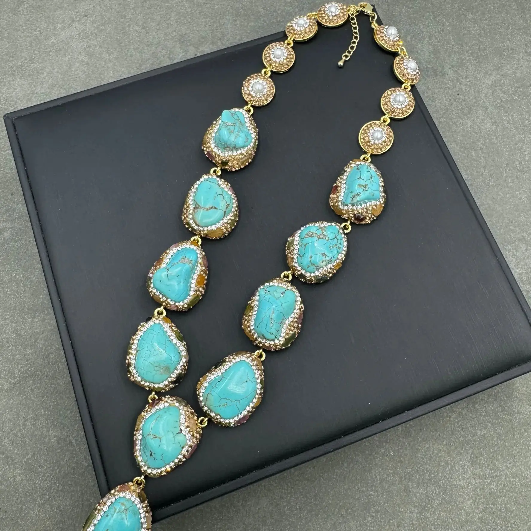 Ethnic Style Vintage Turquoise Natural Pearl Inlaid Earrings, Rings, Bracelets, Necklaces, Jewelry Four-Piece Set for Women