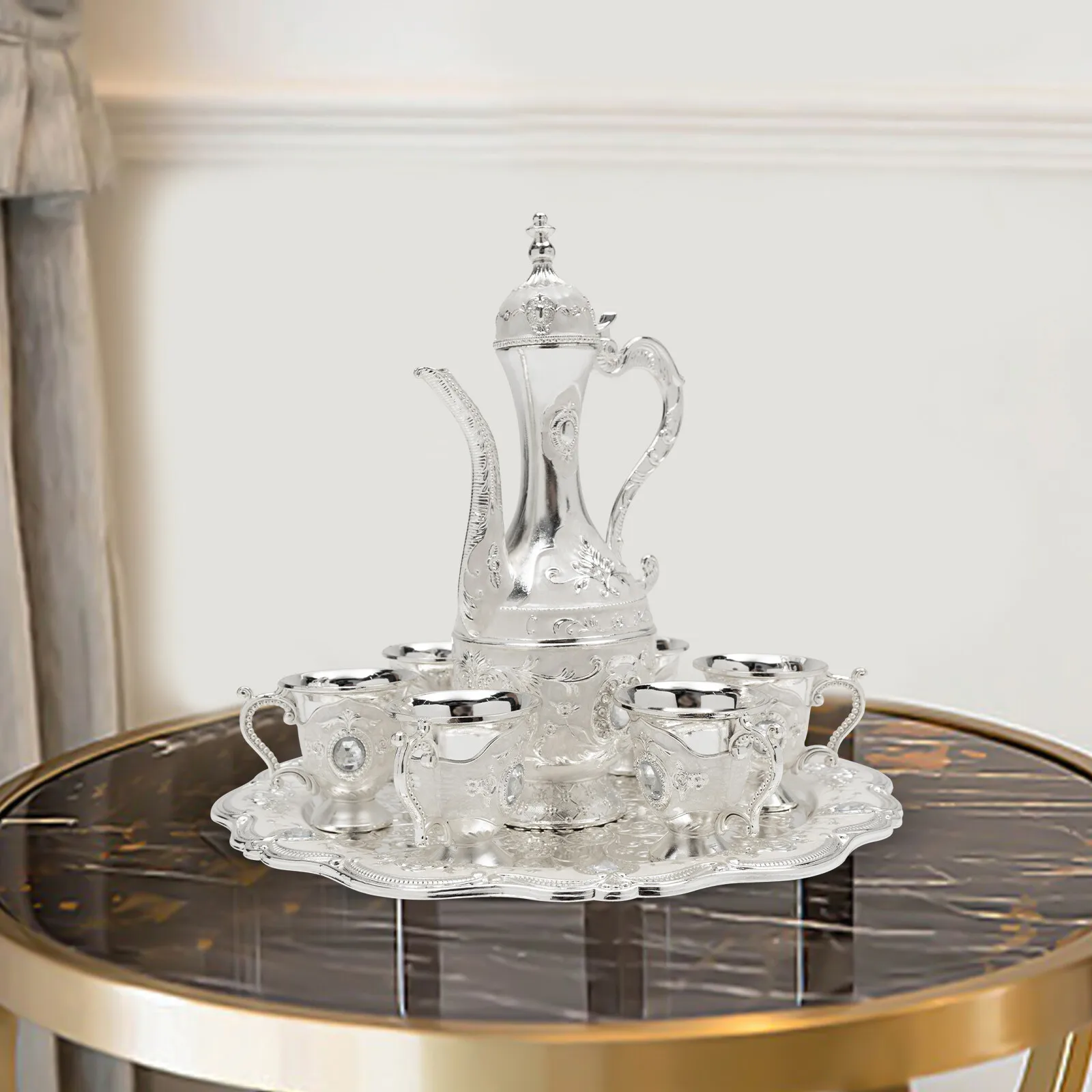 

Серебряный чайный сервиз в античном стиле, включая чайник, 6 чашек и поднос, прочная конструкция из цинкового сплава, прямое использование без сборки