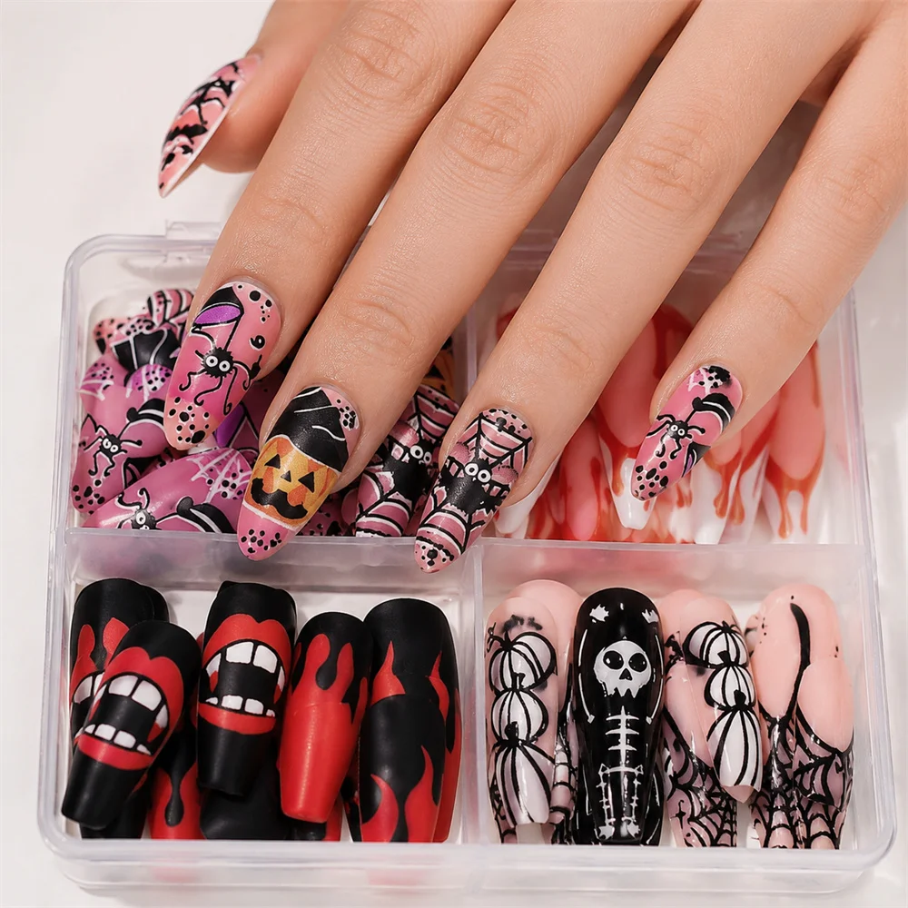 96Pcs Reusable Halloween Fake Nails 4‑Grid Box Flame Monster Face Pumpkin Long Coffin Press On Nails Women Cosplay Manicure