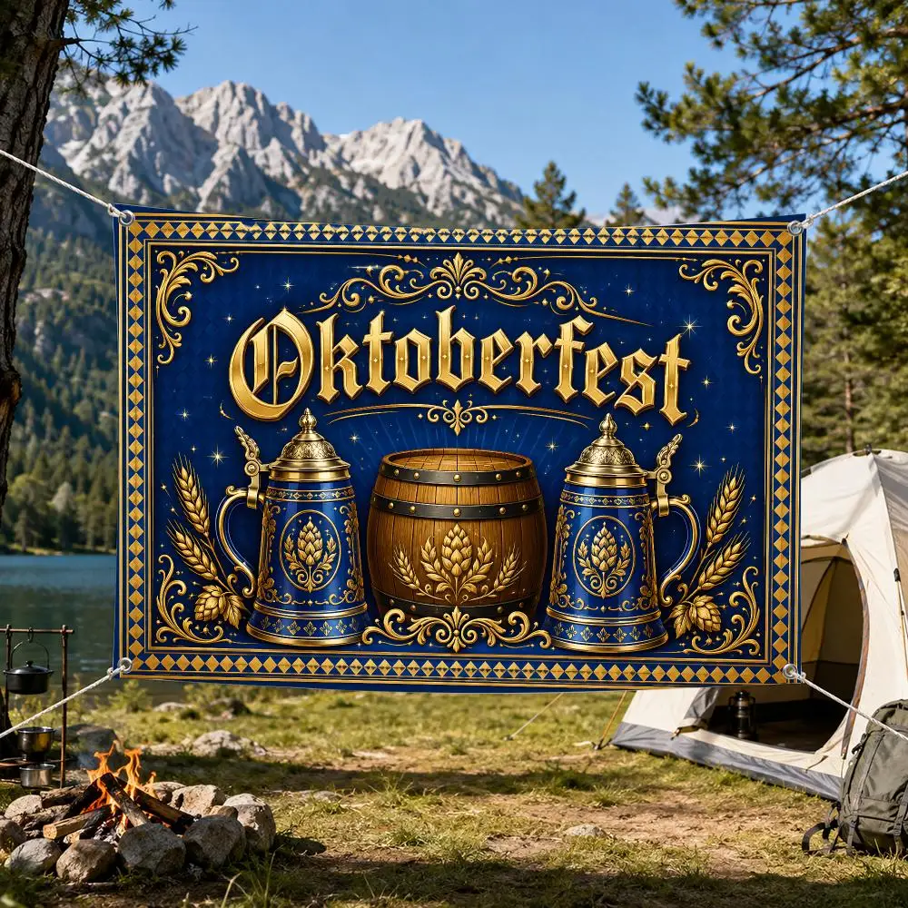Oktoberfest flag vivid print durable easy hang reusable porch yard wall party beer stein barrel wheat hops blue gold decor Flags