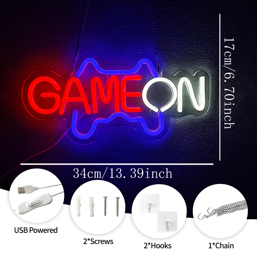 Game on Neon Sign,Gamepad Shaped Neon Sign For Teens Boys Bedroom Wall Decor,LED Game Controller Neon for Game Zone Party Gift view 2