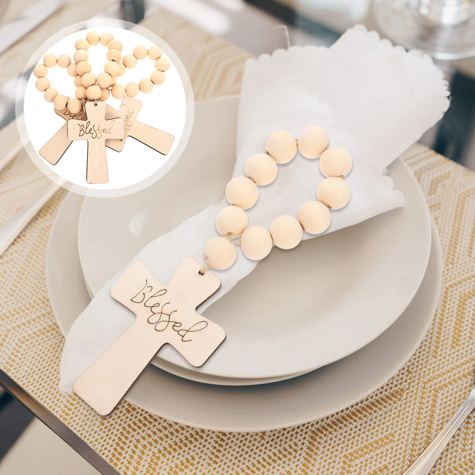 

3Pcs Cross Beaded Napkin Rings Natural Wood Beads Table Decor for Family Gatherings and Celebrations Wood Beads Napkin Ring