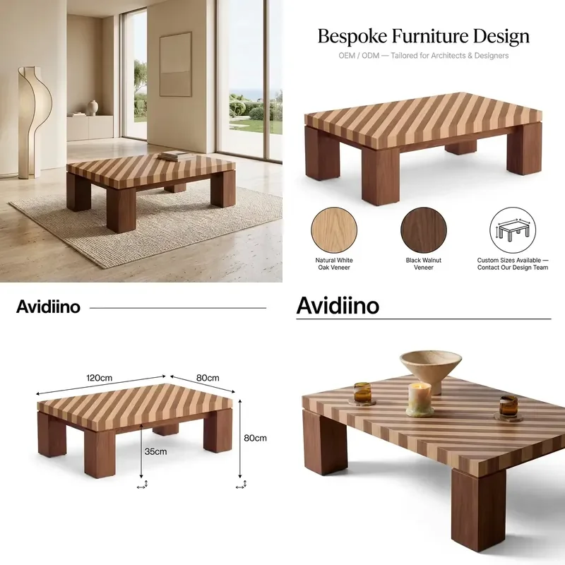 Bespoke Striped Modern Coffee Table Oak Walnut Veneer Plywood Custom Sizes Living Room Furniture Interior Designers
