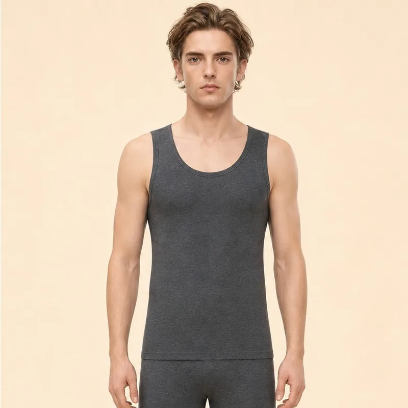 Autumn and Winter Men's Warm Vest with Wool Lining and Sleeveless Insulation Underwear Elastic Breathable Solid Color Warm Vest