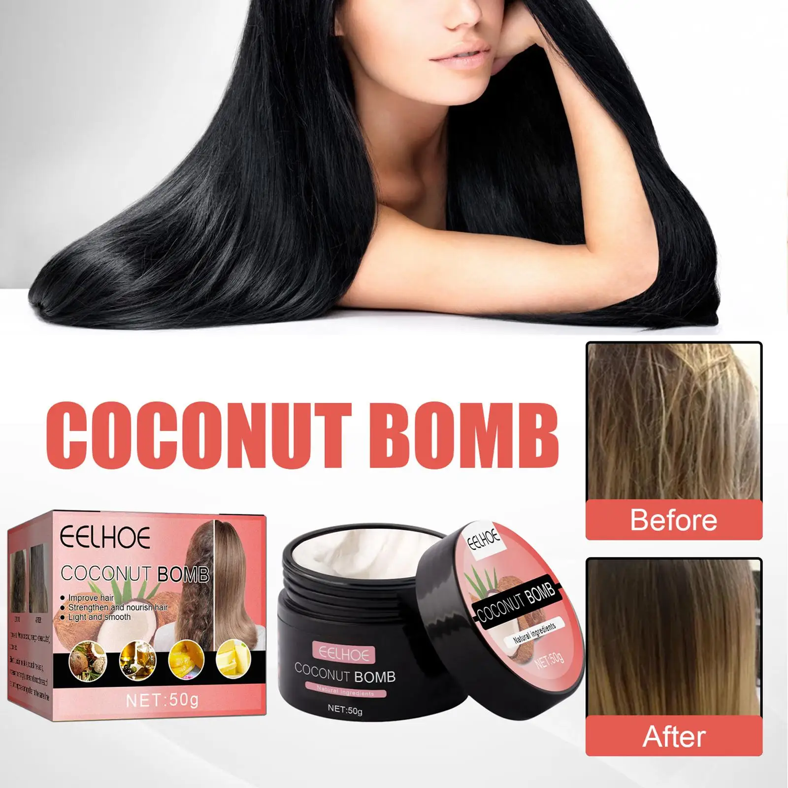 50g Coconut Bomb Nourishing Hair Mask Growth Hair Prevent Hair Loss Products Mask Treatment For Men And Women Repair Hair C E7B7