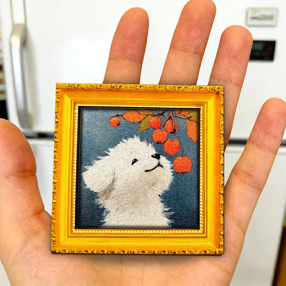 Vintage Gold Frame White Puppy Fridge Magnet, Cute Dog Hawthorn Fruit Print Refrigerator Sticker Home Kitchen Decor Gift