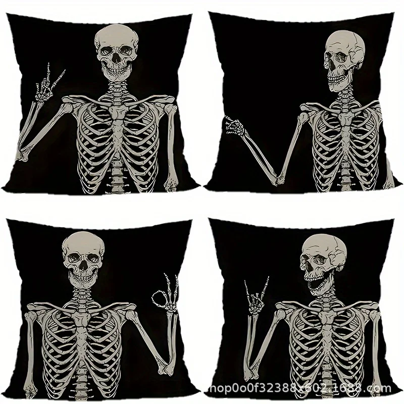 Home Decor Skeletons Making Hand Gestures Pillow Cover Pattern Cushion Cover Suitable for Sofa Bedroom Car Pillow Cover