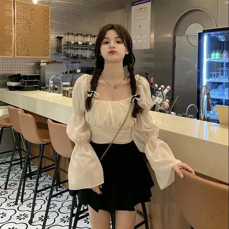 Women Chiffon Shirts Elegant Sweet Autumn Lace Up Bandage Blouses Solid Fashion Casual Female Square Neck Preppy Cropped Tops