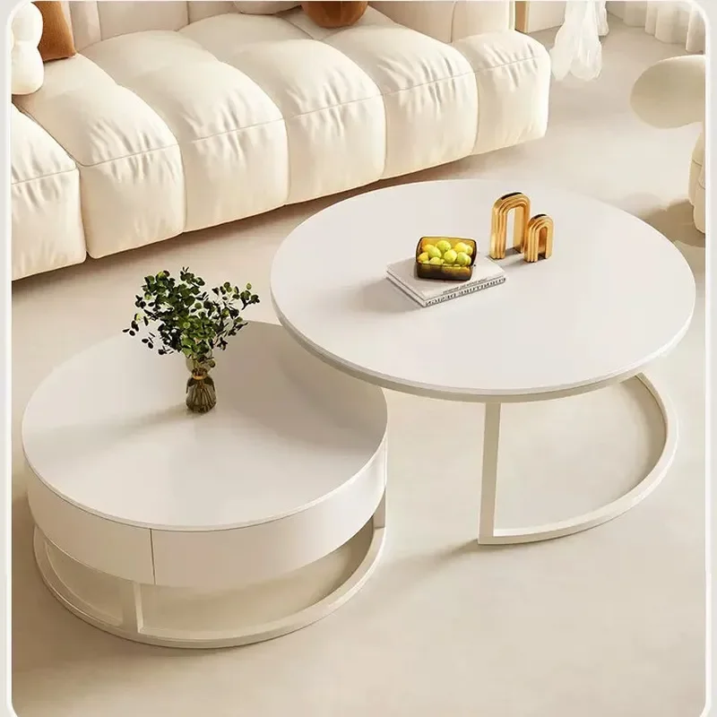Modern Cream Sintered Stone Round Coffee Table Light Luxury Small Living Room Furniture for Apartment Home Decor