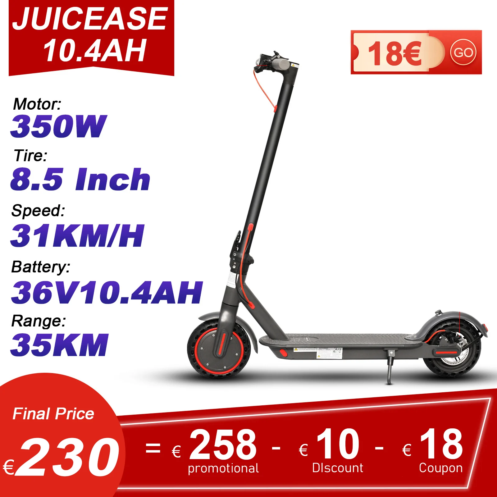 JUICEASE Electric Scooter 10.4 AH Battery 350W Powerful Folding Smart Escooter with 35KM Range 31KM/H Max Speed 8.5 Inch Tire