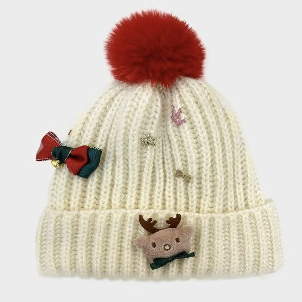 Personality Soft Christmas Plush Cap Bow Warm Big Pullover Hat Green Snowflake Red Knitted Woolen Hat Women Red Knitted Woolen