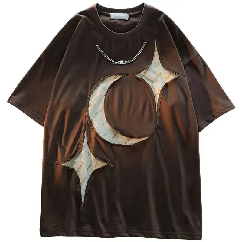 Hip Hop T Shirts With Chain Men Women Embroidery Star Mooon Patch Tshirt Streetwear Unisex Harajuku Fashion Cotton Top 2023 New