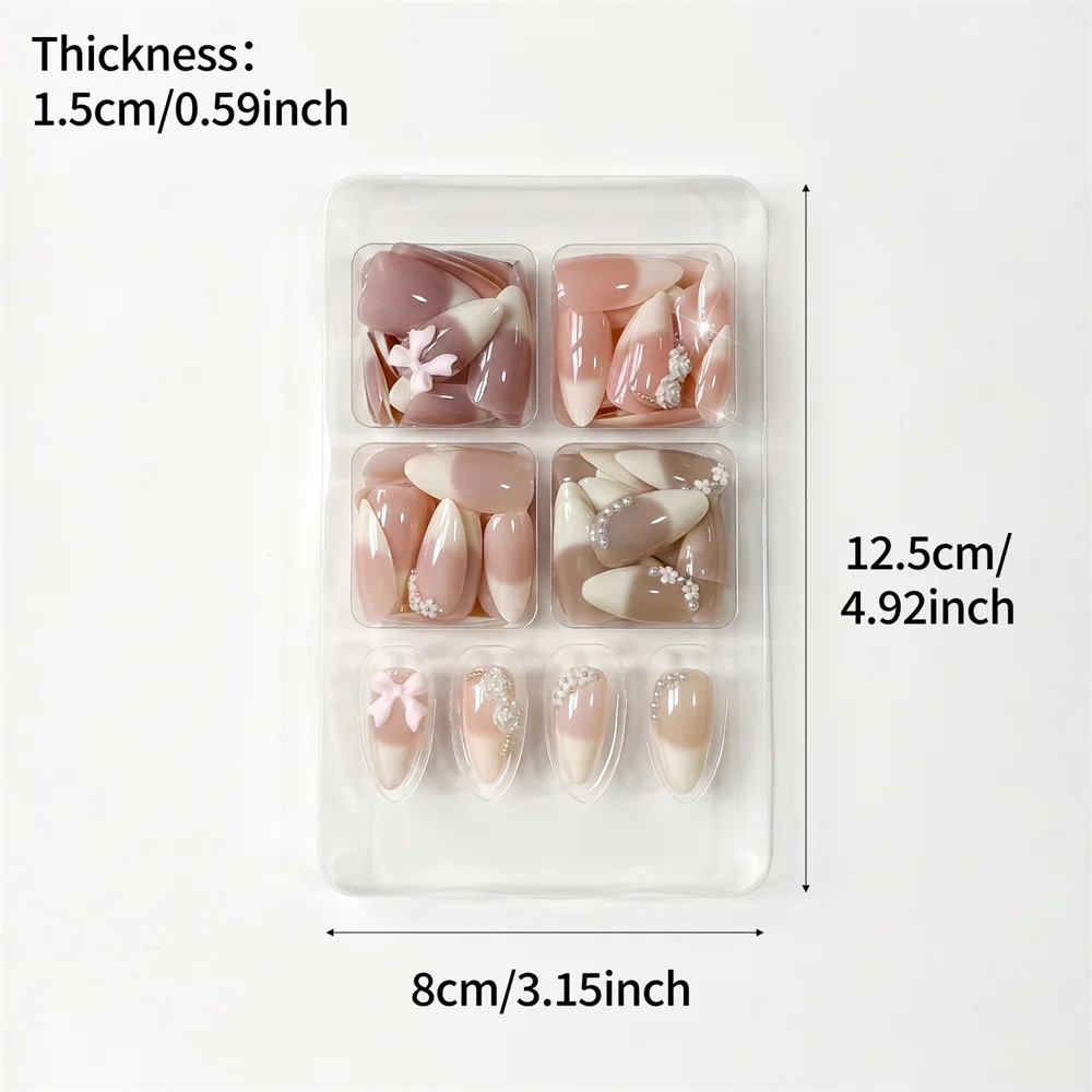 120Pcs Boxed Wearable False Nails Medium Almond Nude Pink Ombre 4 Styles Mixed 3D Rose Pearl Bow Decor Removable Manicure view 6