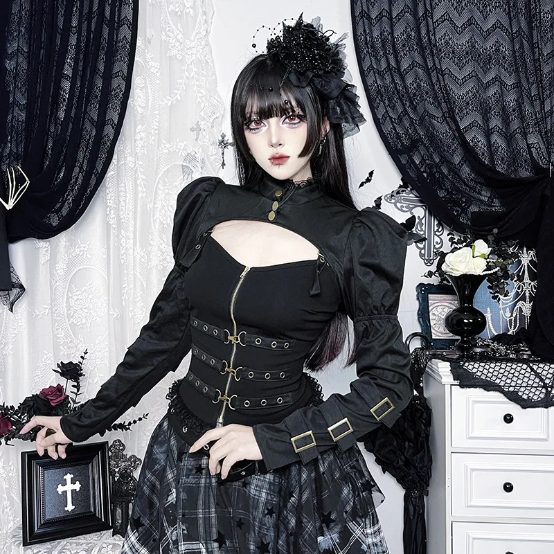 

Gothic Jackets Harajuku Women Streetwear Cyber Punk Grunge Hollow Out Long Sleeve Crop Coats Vintage Rave Outfits
