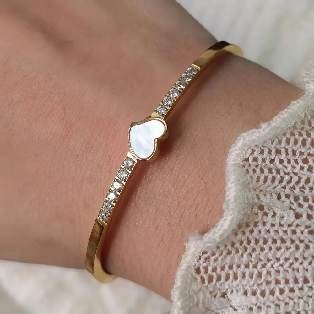 

Romantic Delicate Shell Heart Shaped Women's Jewellery Gift Bracelet, Cubic Zircon CNC Design Gold Colour Stainless Steel Bangle