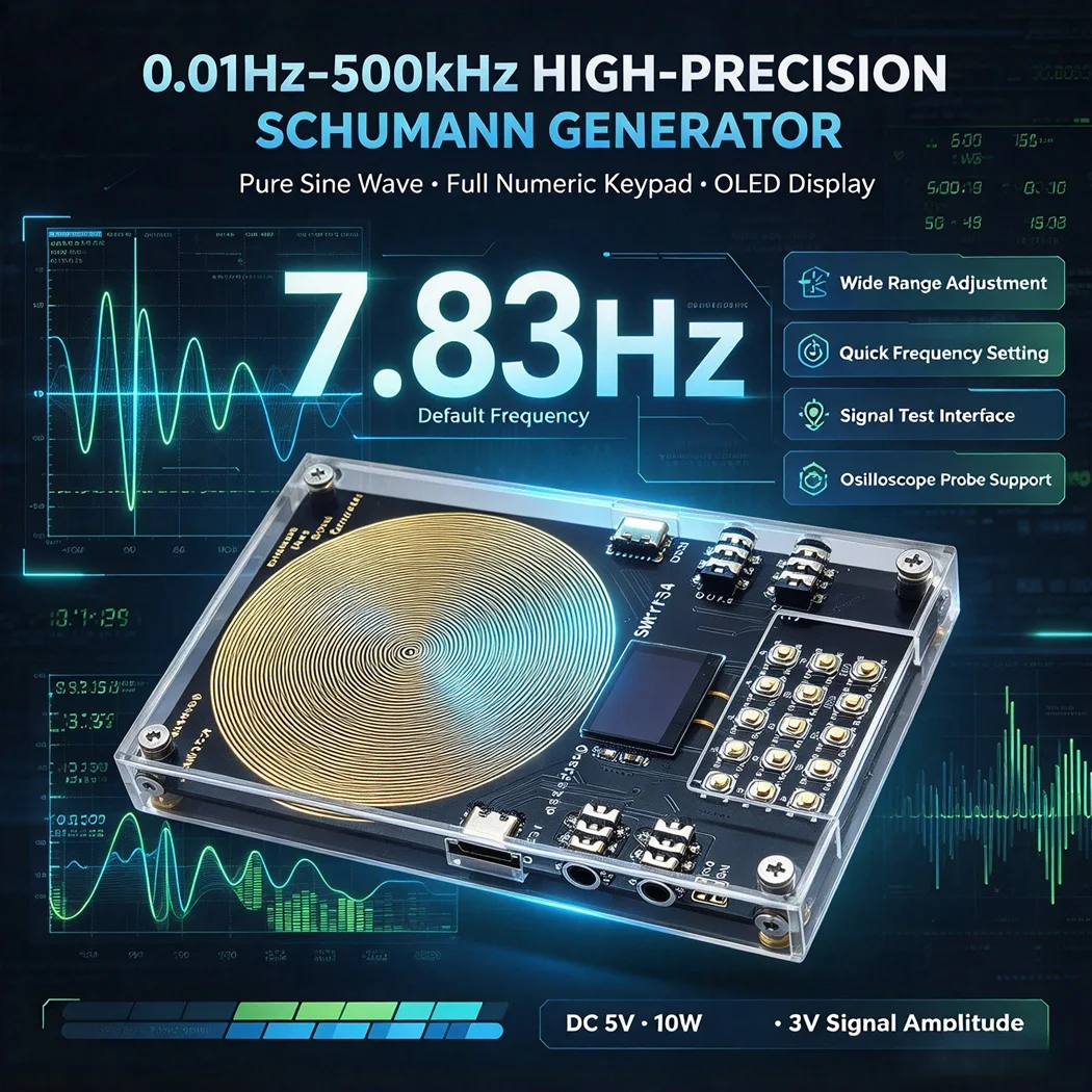 7.83Hz Schumann Wave Generator 0.01-500KHz Pure Sine OLED Display DC5V Dual Type-C 4X3.5MM AUX Output 99H Timer