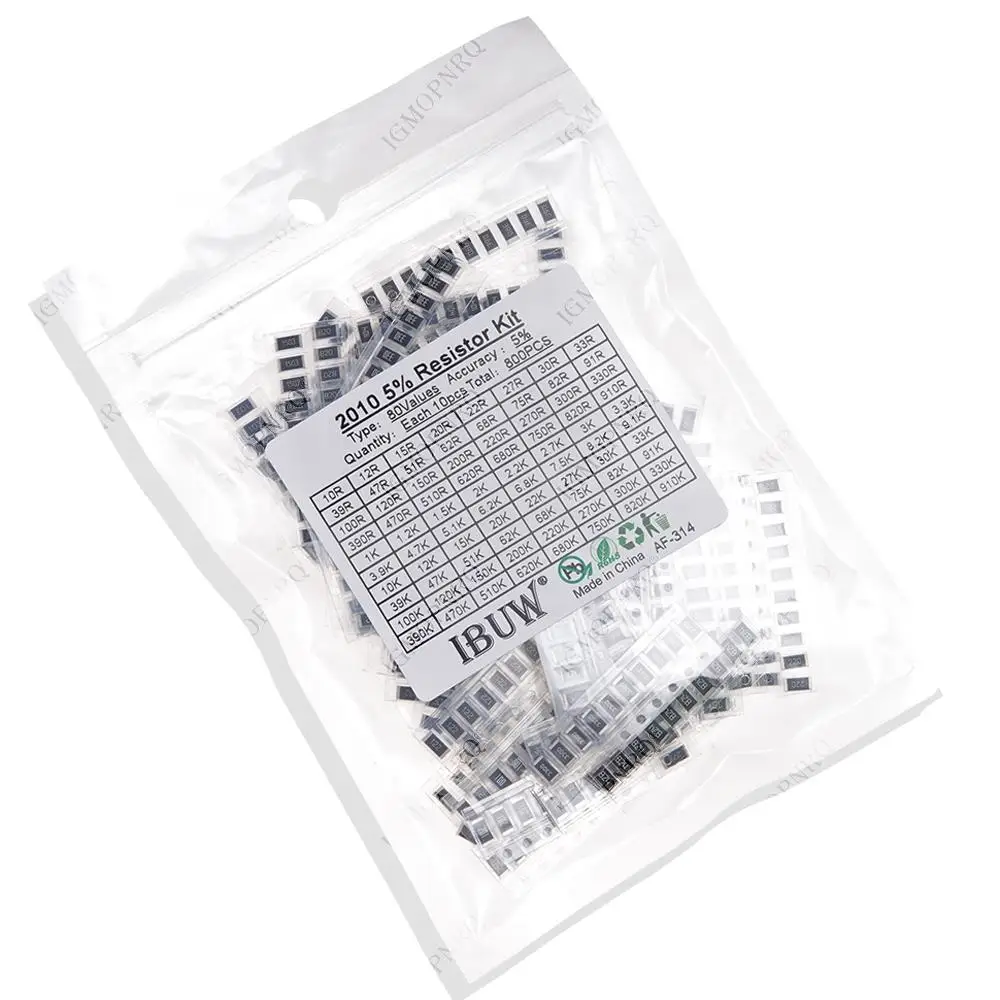 800PCS 2010 SMD Resistor Kit Assorted Kit 10ohm-1M ohm 5% 80valuesX 10PCS=800PCS Sample Kit hjxrhgal