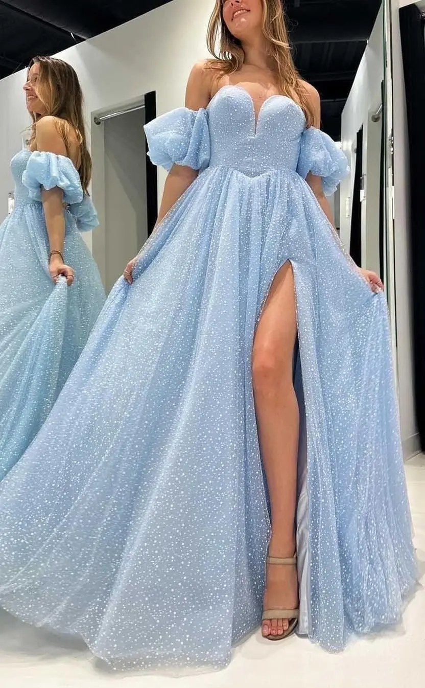 

Tulle Prom Dresses for Women Sparkly Puffy Sleeves Long Ball Gowns with Slit A-Line Evening Dresses Graduation Party Dresses