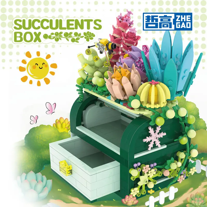 Mini Granules Cute Plant Flower Succulent Treasure Box Assembly Building Block Creative Jewelry Box Ornament Girls Gift Toy