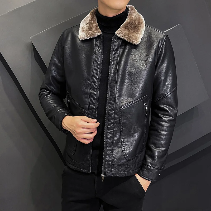 2023 inverno moda calore giacca in pelle addensata risvolto solido cerniera DesignBomber cappotto giacca in pelle da uomo M-4XL