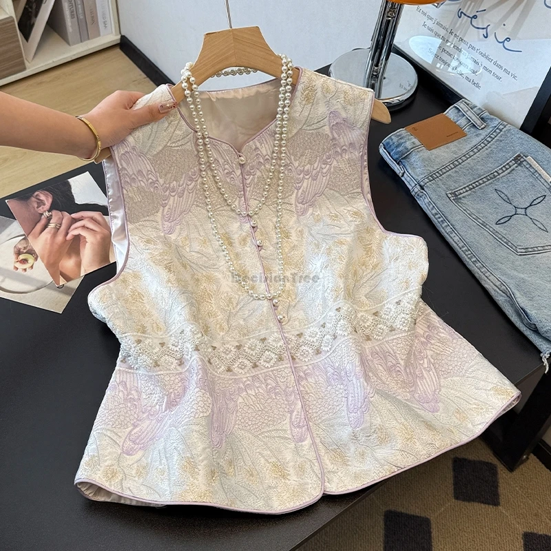 

2025 новый китайский ретро-модный стиль женский осенний жилет без рукавов пальто с вышивкой бисером жаккардовый свободный костюм Тан жилет топ t001