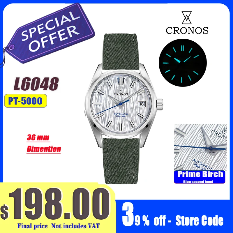 

CCronos Мужские часы 36 мм Автоматические PT5000 Miyota 9015 Наручные часы с механизмом Белый циферблат Березовый узор Сапфир 10 ATM L6049M