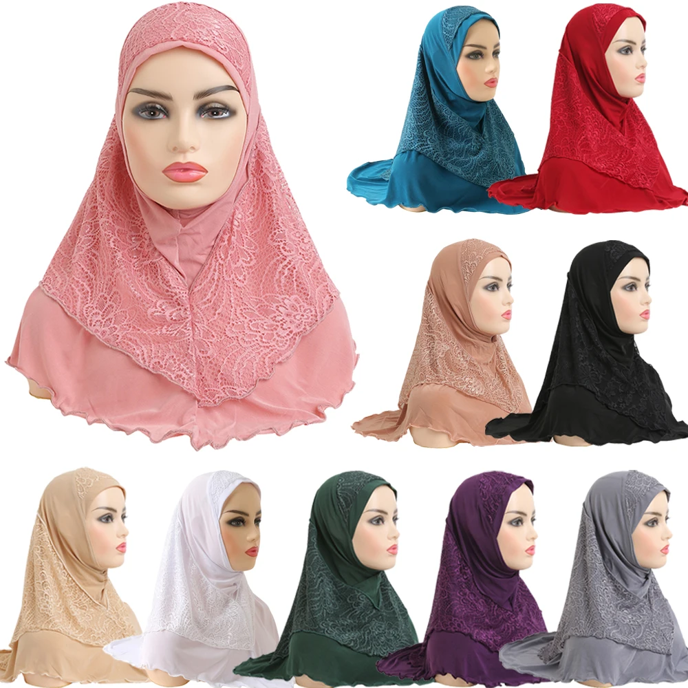 

One Piece Amira Hijab Women Muslim Lace Pull On Ready To Wear Instant Scarf Islamic Prayer Hijabs Arab Headscarf Wrap Turban Eid