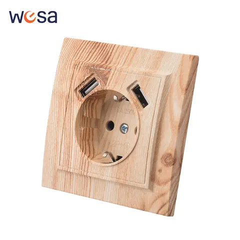 Wood Flame Retardant EU Standard With Ground Paint Plastic Classic USB Power Sockets 250V Wall Embedded Electrical Outlets 250V