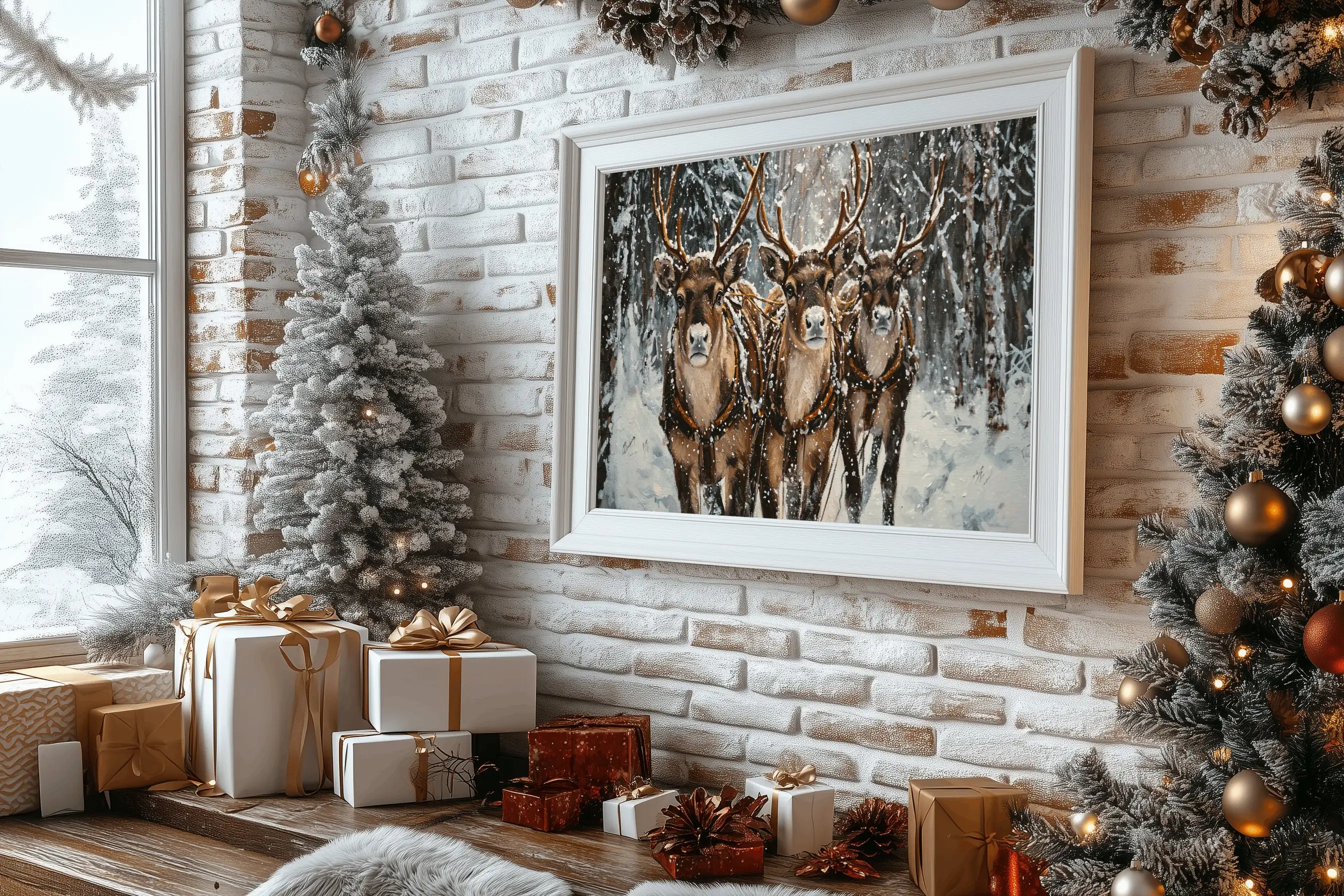 Vintage Reindeers Poster Santa Claus Print, Vintage Christmas  Rustic Farmhouse Winter Landscape Poster for Living Room Decor