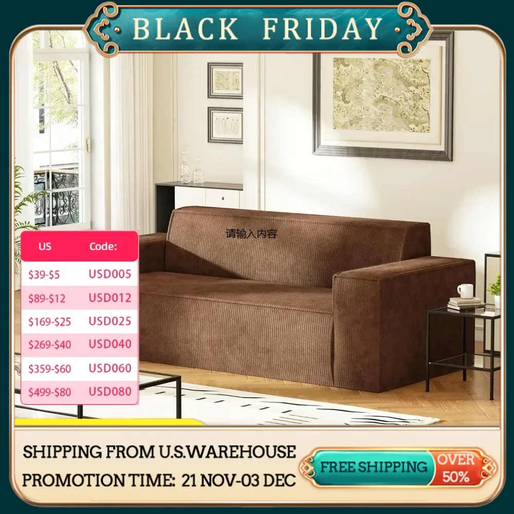 Box sofa, memory foam 3-seater sofa, no installation required and easy to transport, deep seat modern sofa with corduroy fabric